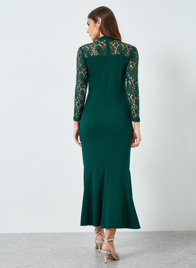 Styli Women Green Lace Sleeve Mermaid Hem Midi Dress - Image 5